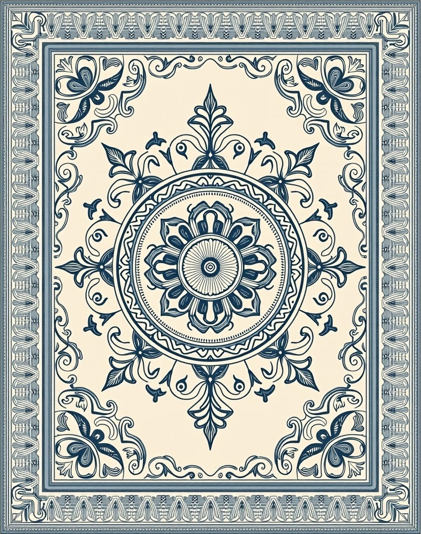 Ivory Blue Floral Medallion Border Rug
