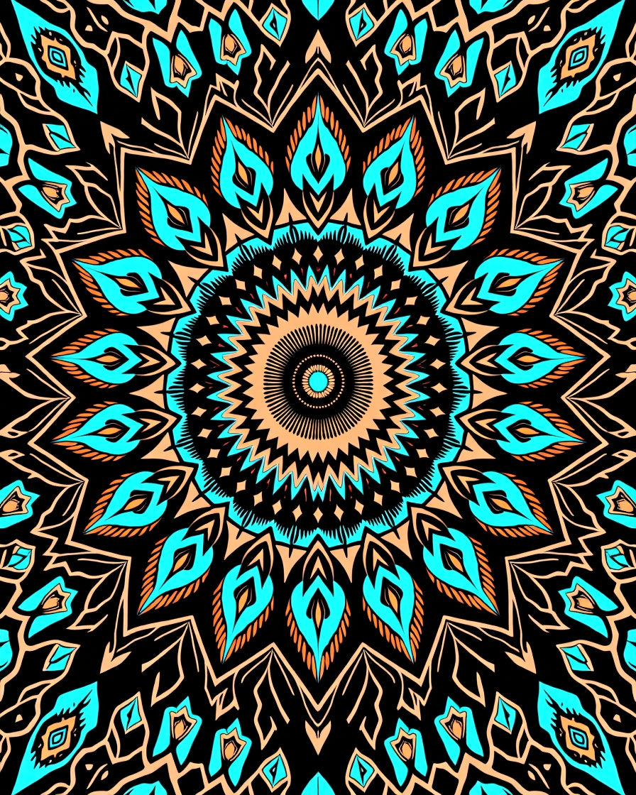 Turquoise Orange Mandala Black Background Rug