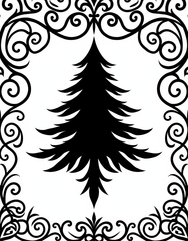 Black Fir Tree Ornate Border Rug