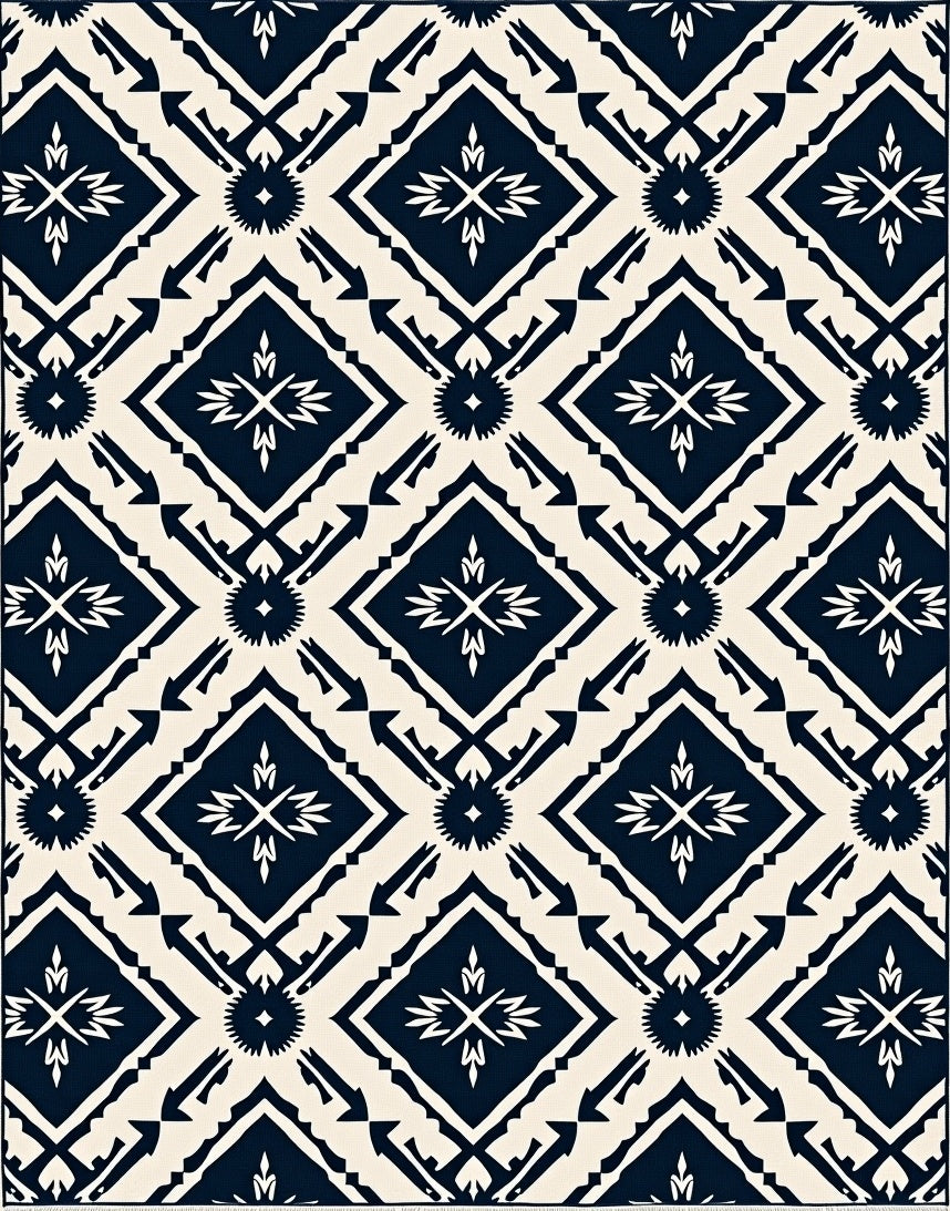 Navy Cream Diamond Tribal Medallion Rug