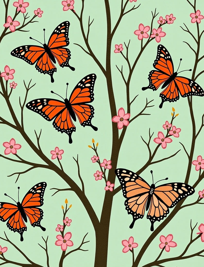 Whimsical Orange Butterfly Cherry Blossom Rug