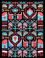 Whimsical Red Blue Houses Symmetry Rug
