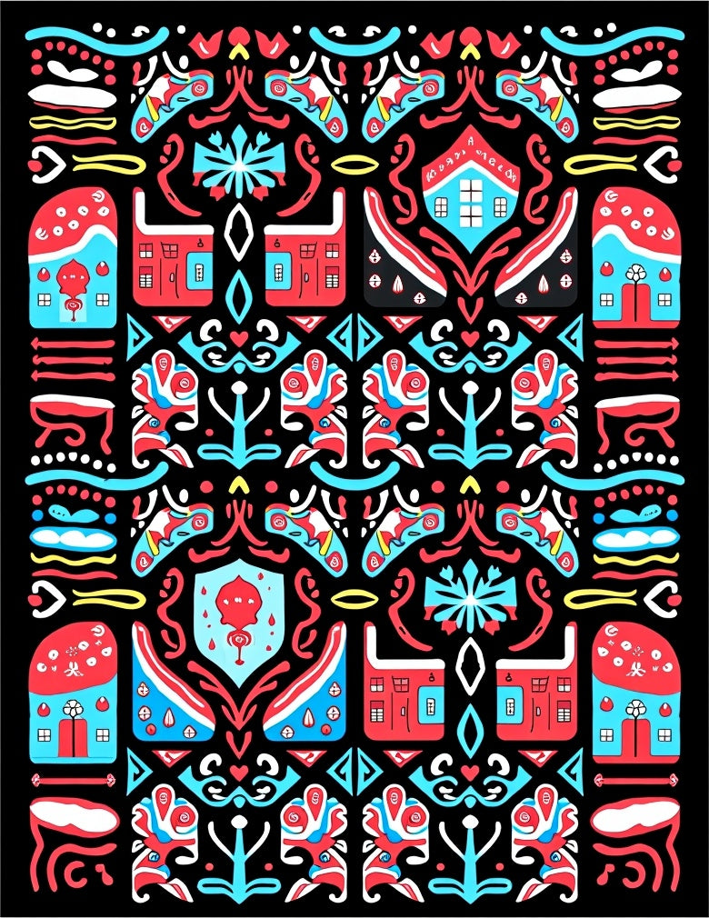 Whimsical Red Blue Houses Symmetry Rug