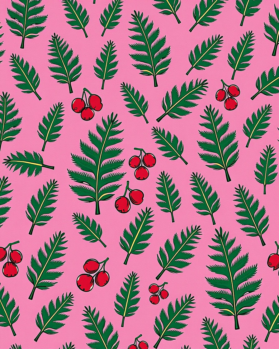 Pink Green Fern Berry Scatter Rug