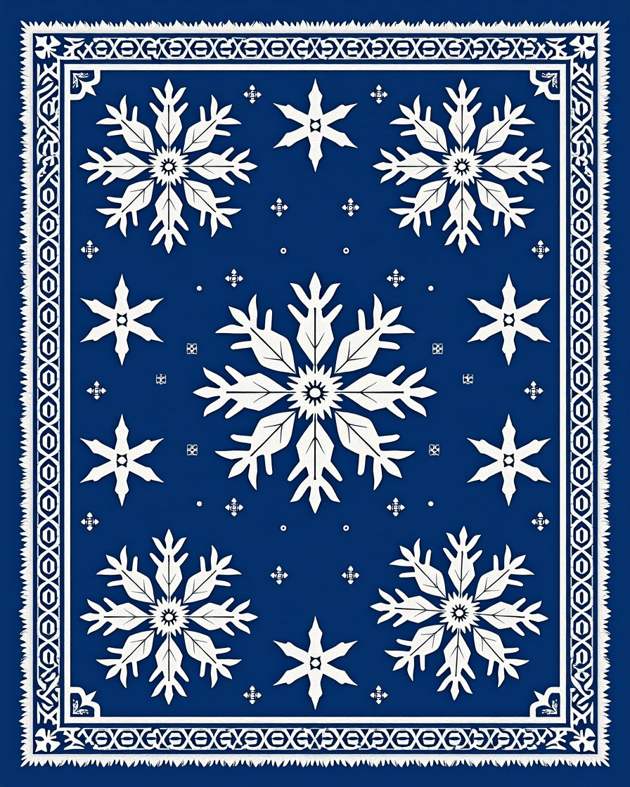 Deep Blue Winter Snowflakes Border Rug