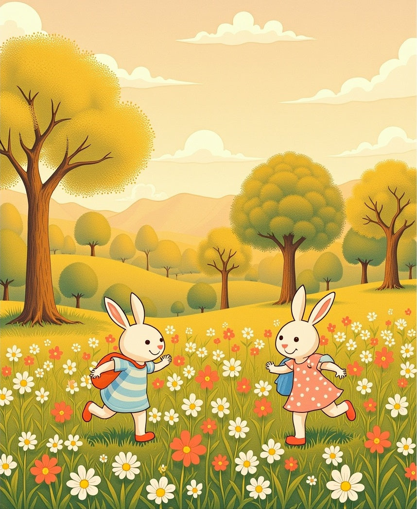 Whimsical Blooming Meadow Bunny Scene Rug