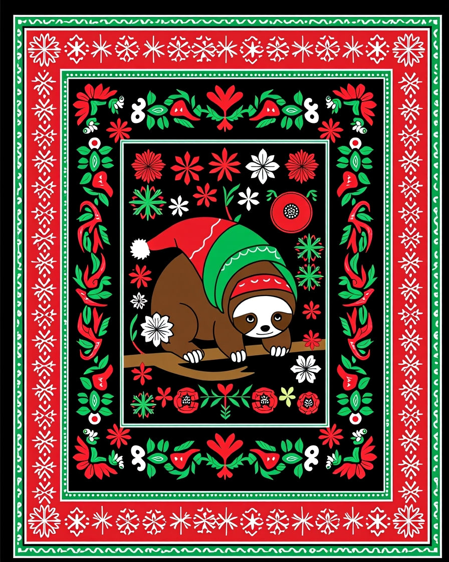 Festive Sloth Christmas Folk Art Rug