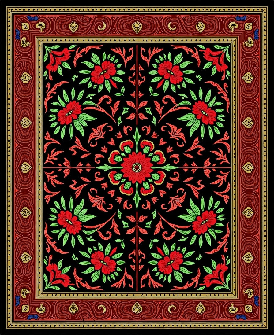 Crimson Floral Scrolls Black Border Rug