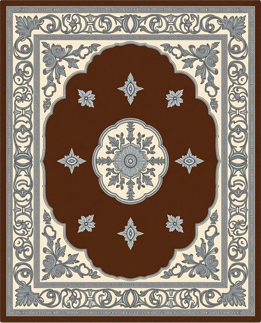 Rich Brown Floral Scroll Medallion Rug
