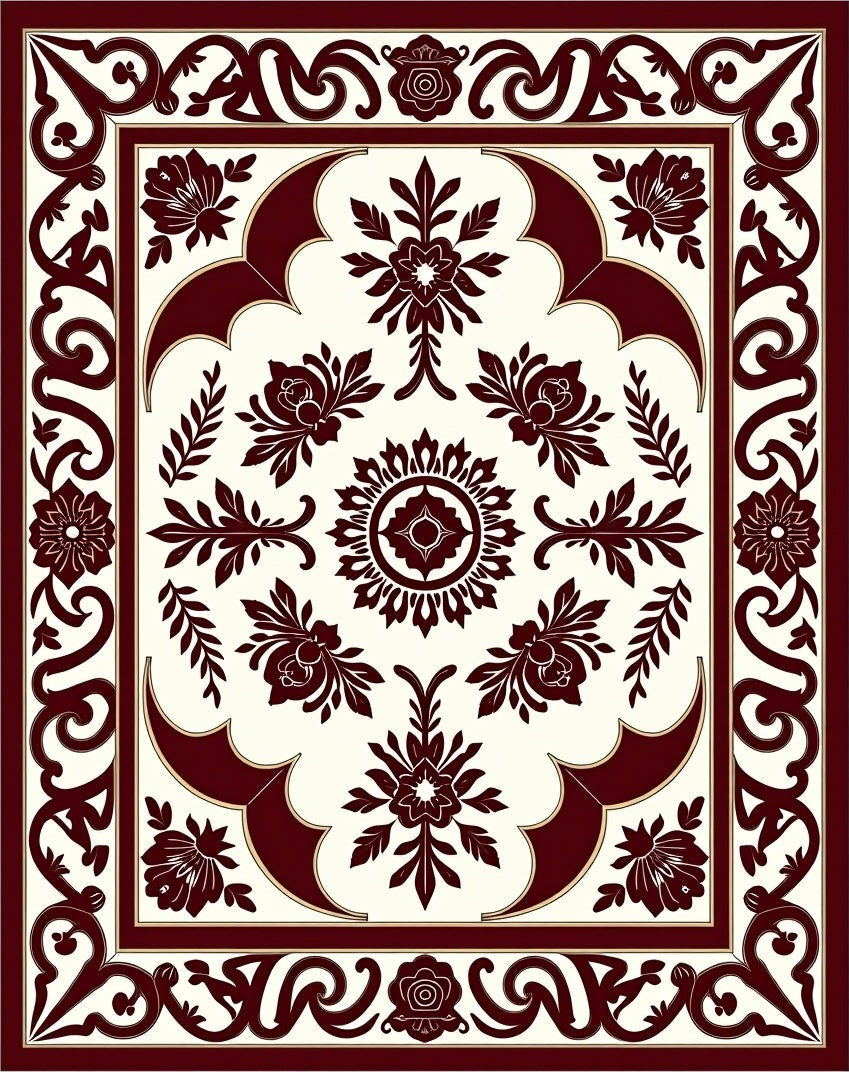 Ornate Crimson Floral Border Accents Rug