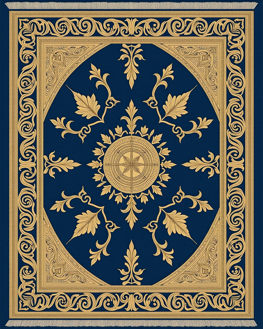 Ornate Gold Leaf Scrollwork Navy Rug