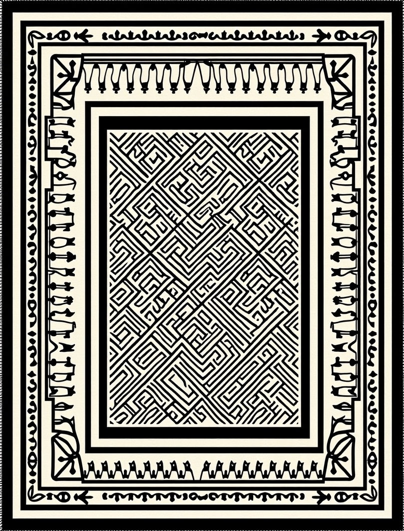 Abstract Black White Maze Border Rug