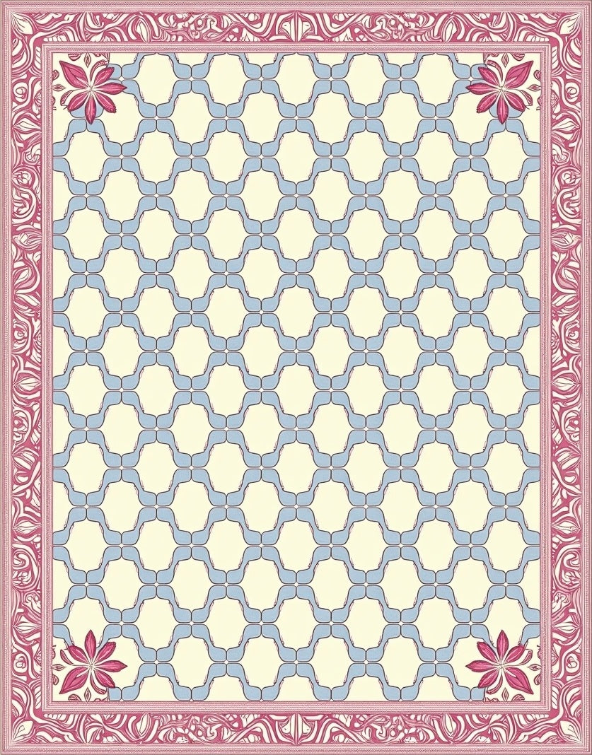 Cream Sky Blue Pink Floral Border Rug
