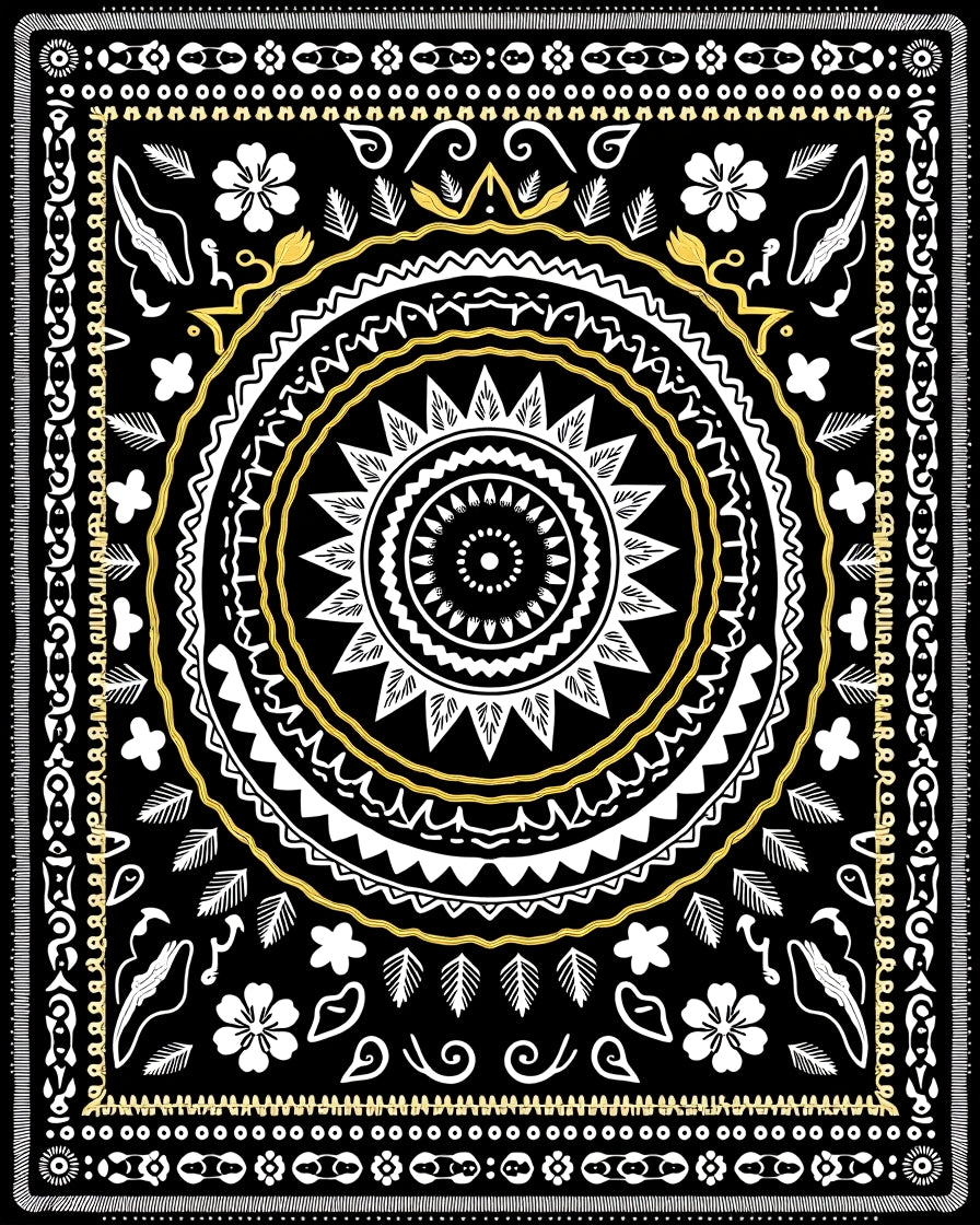Bold Black White Golden Mandala Rug