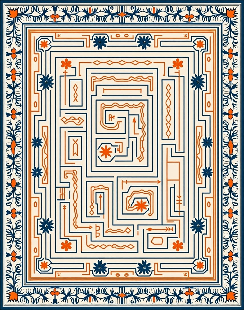 Navy Orange Geometric Maze Floral Rug