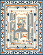 Navy Orange Geometric Maze Floral Rug