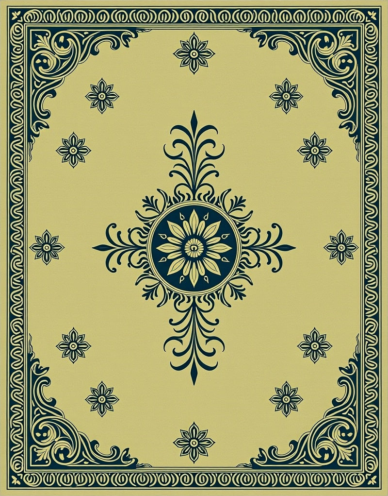Gold Navy Floral Medallion Border Rug