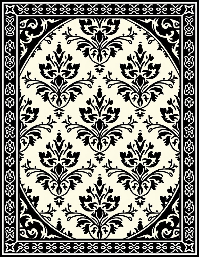 Black Ivory Damask Floral Medallion Rug