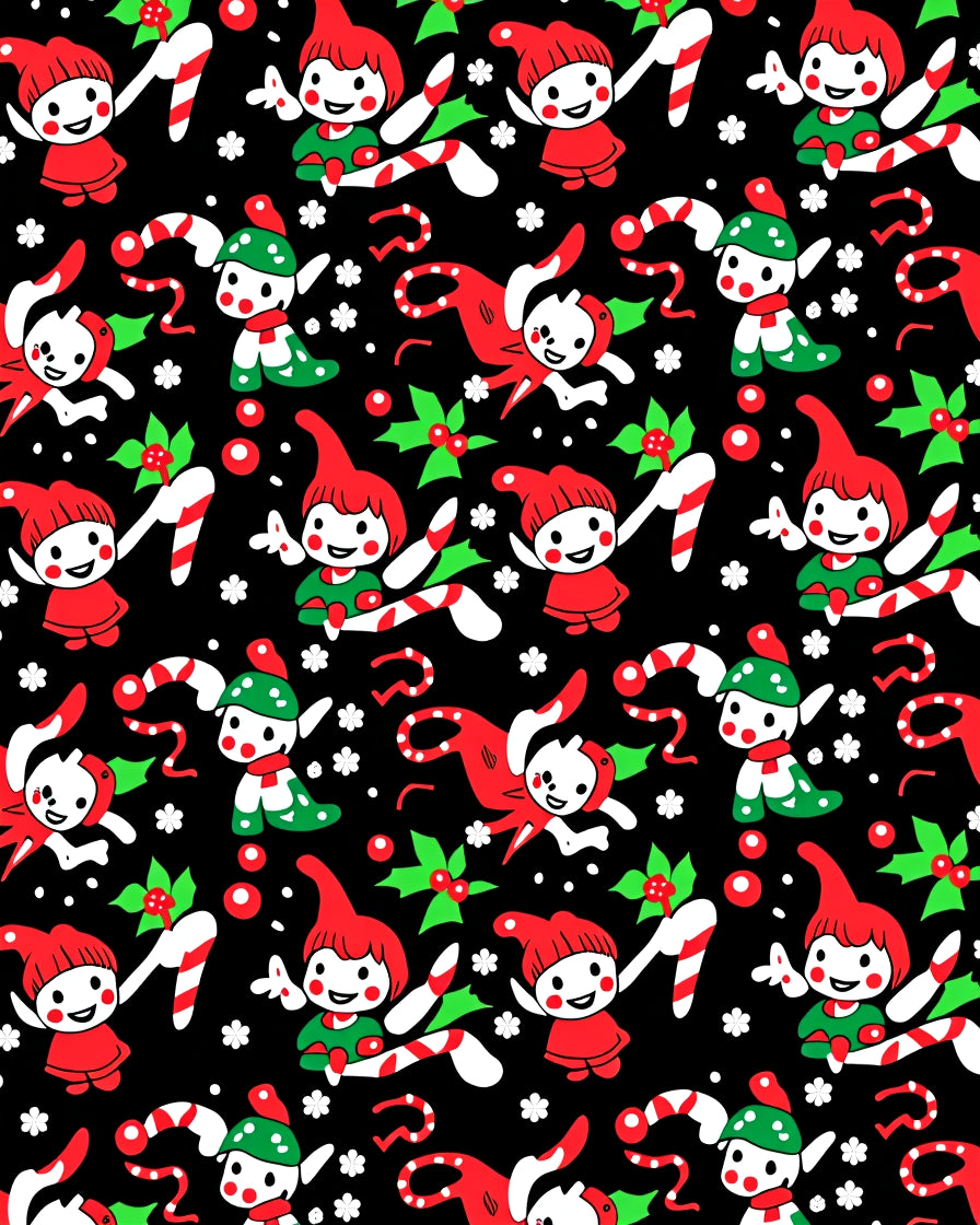 Festive Elves with Candy Canes Black Rug