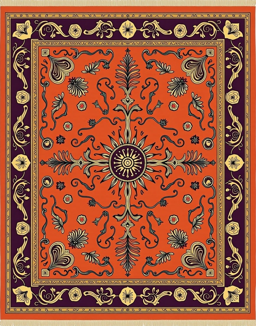 Vibrant Orange Central Sun Floral Rug