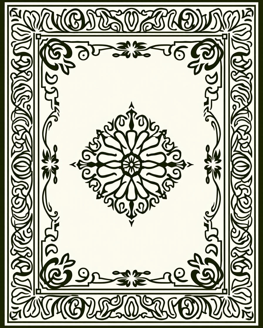 Elegant Cream Black Floral Medallion Border Rug