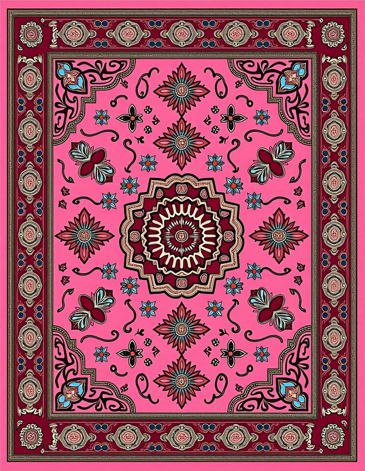Vibrant Pink Floral Medallion Border Rug