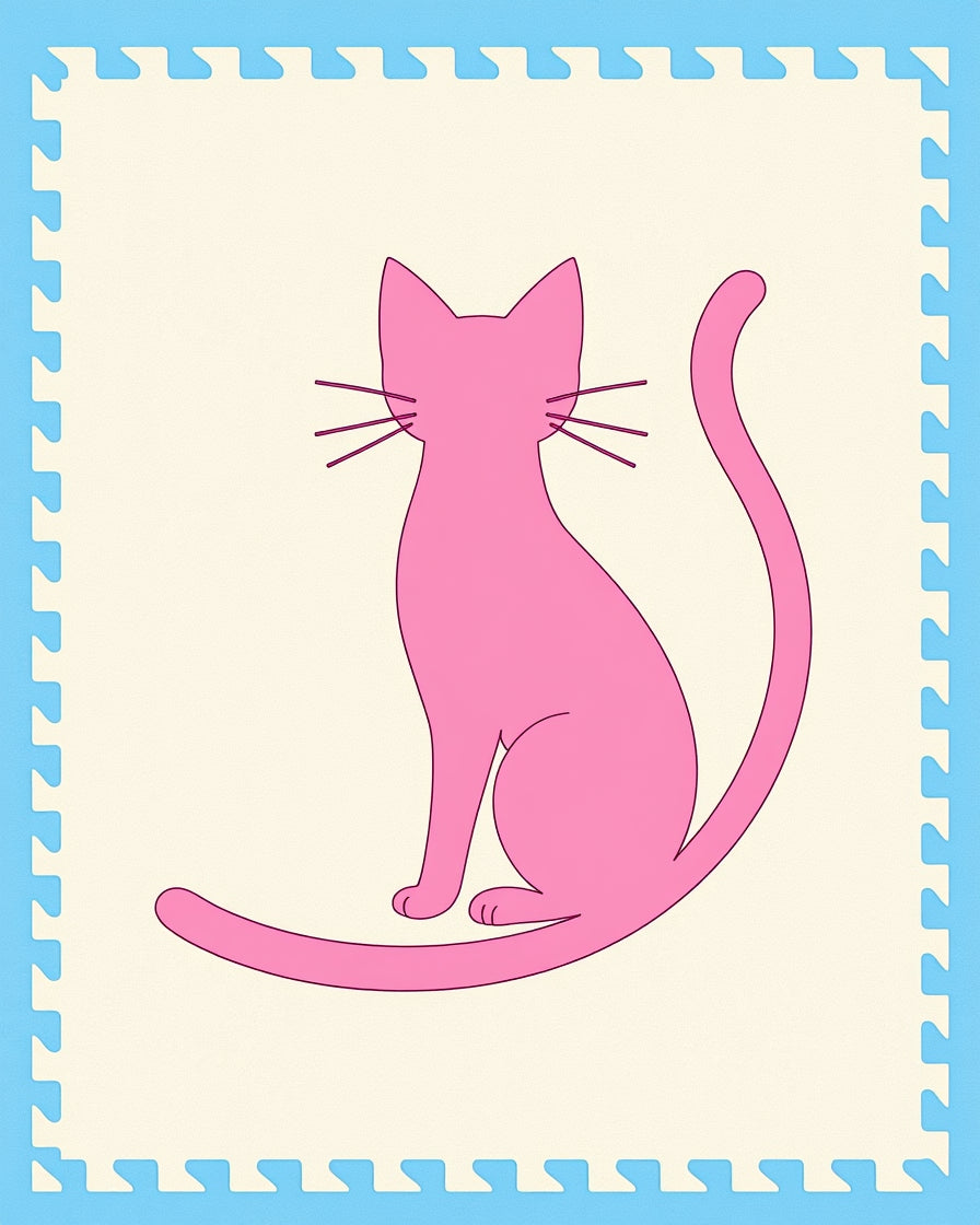 Bold Pink Cat Silhouette Cream Border Rug