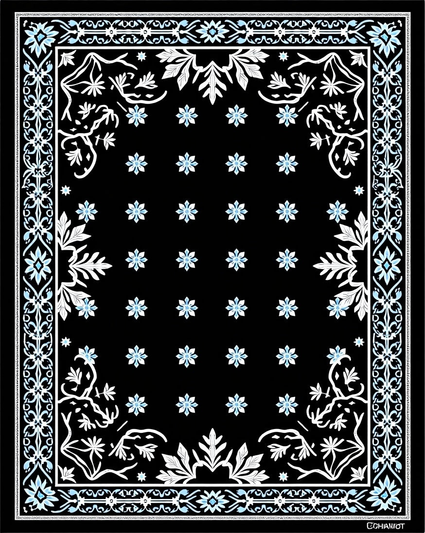 Classic Black Blue Floral Border Rug