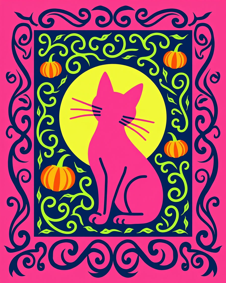 Pink Cat Pumpkin Floral Border Rug