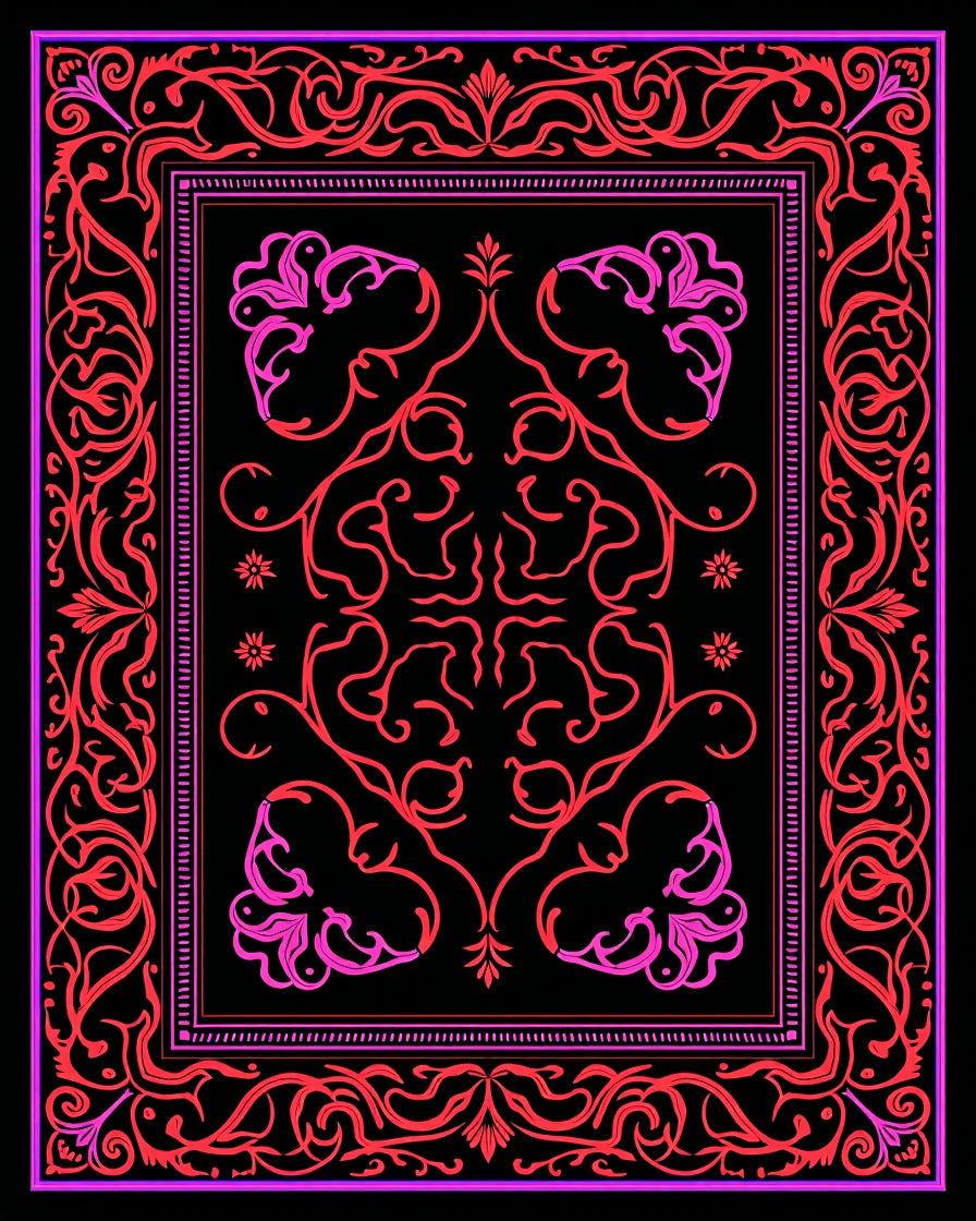 Vibrant Pink Red Floral Scroll Frame Rug