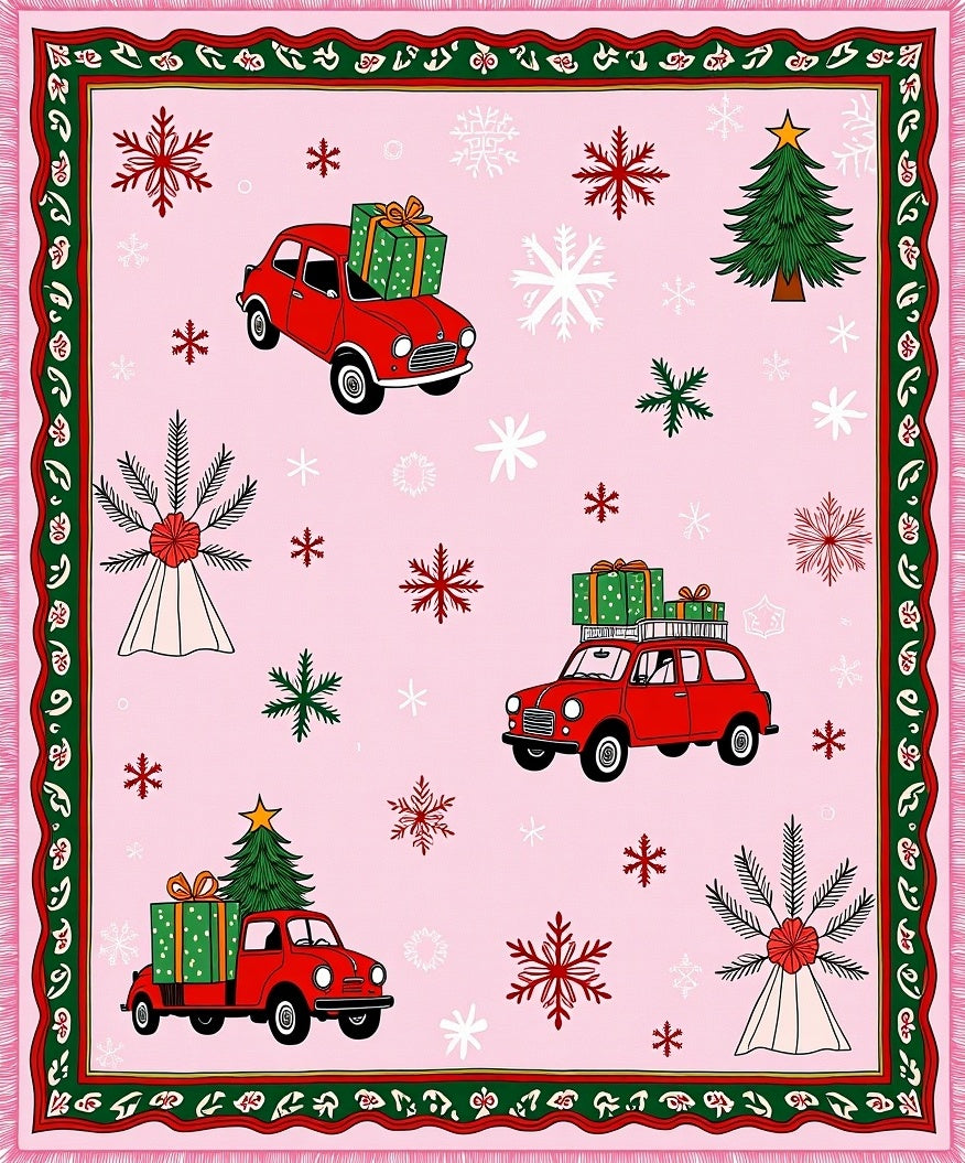 Red Cars Christmas Tree Snowflakes Pink Rug