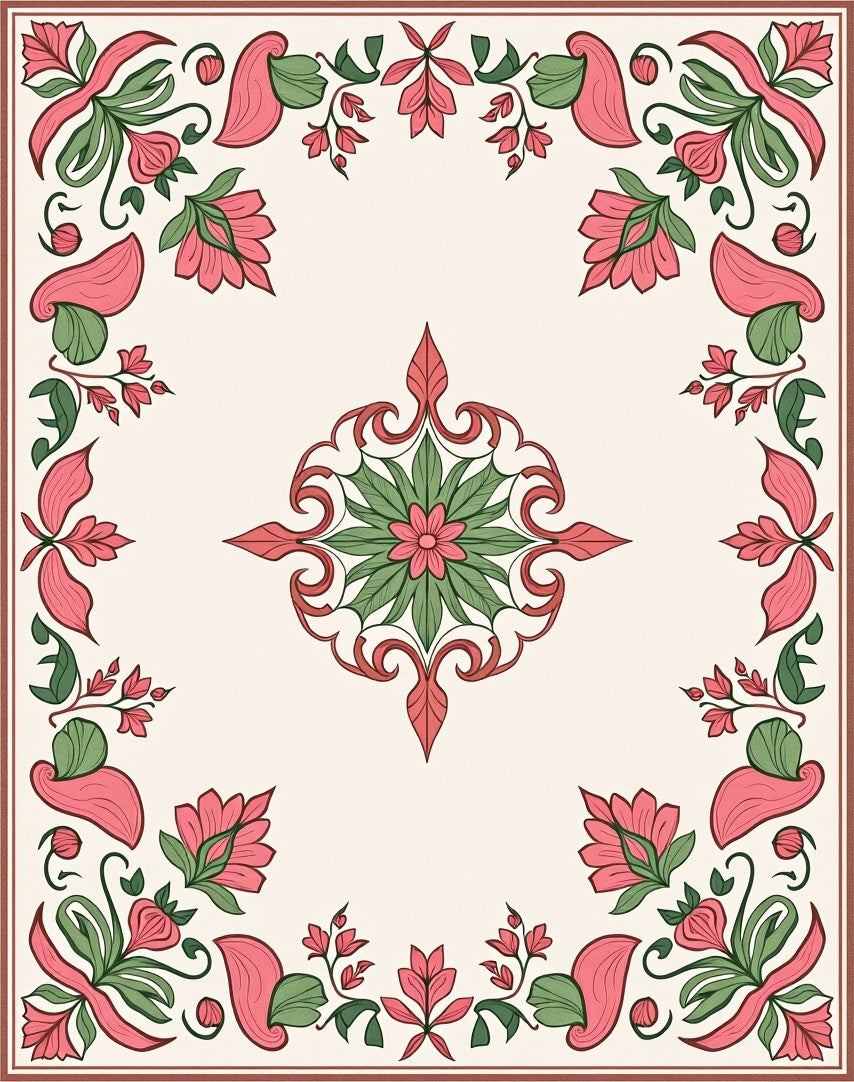 Coral Pink Green Floral Medallion Rug