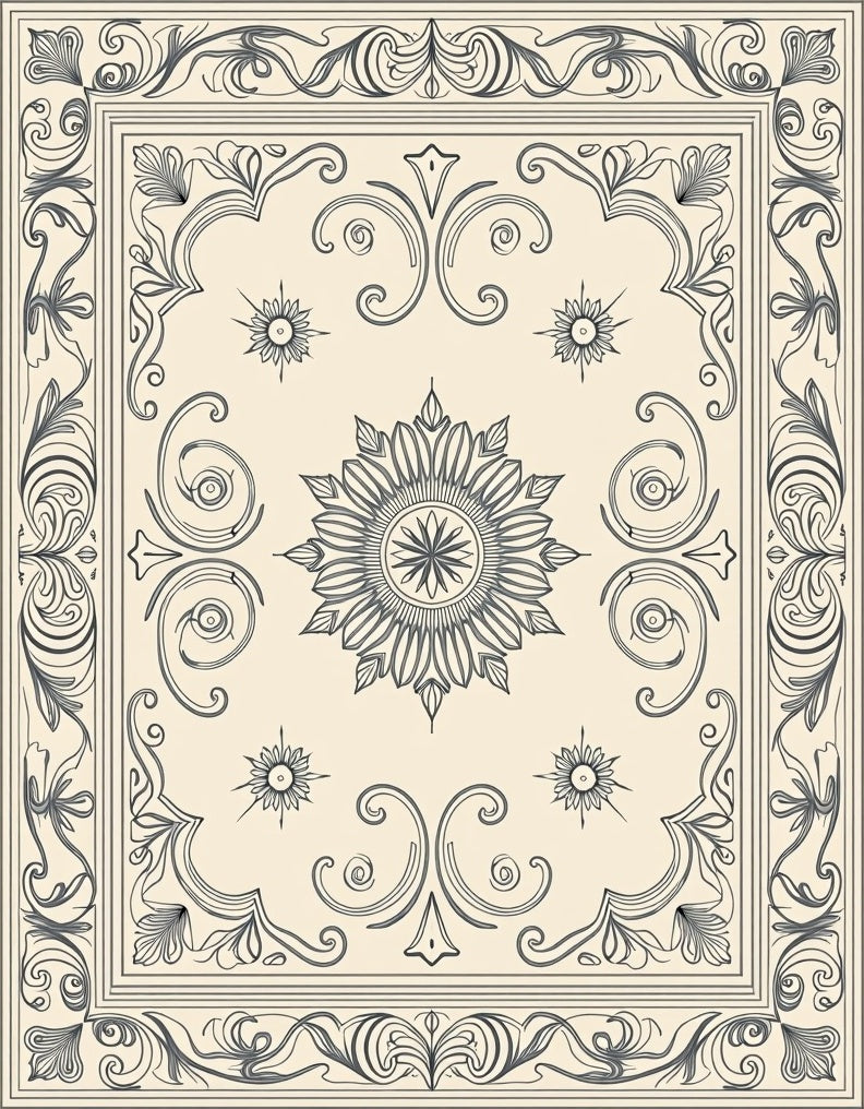Cream Gray Floral Mandala Frame Rug