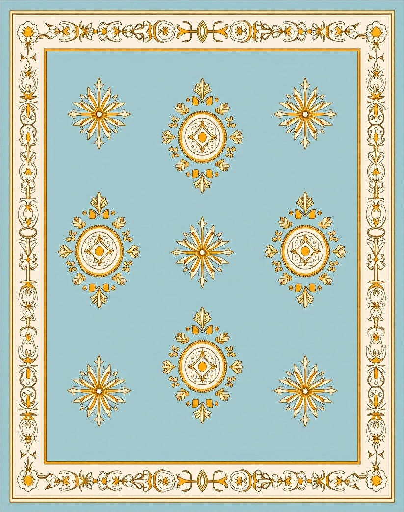 Light Blue Golden Medallion Symmetry Rug