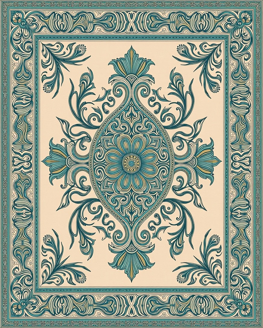 Teal Cream Opulent Floral Scroll Rug