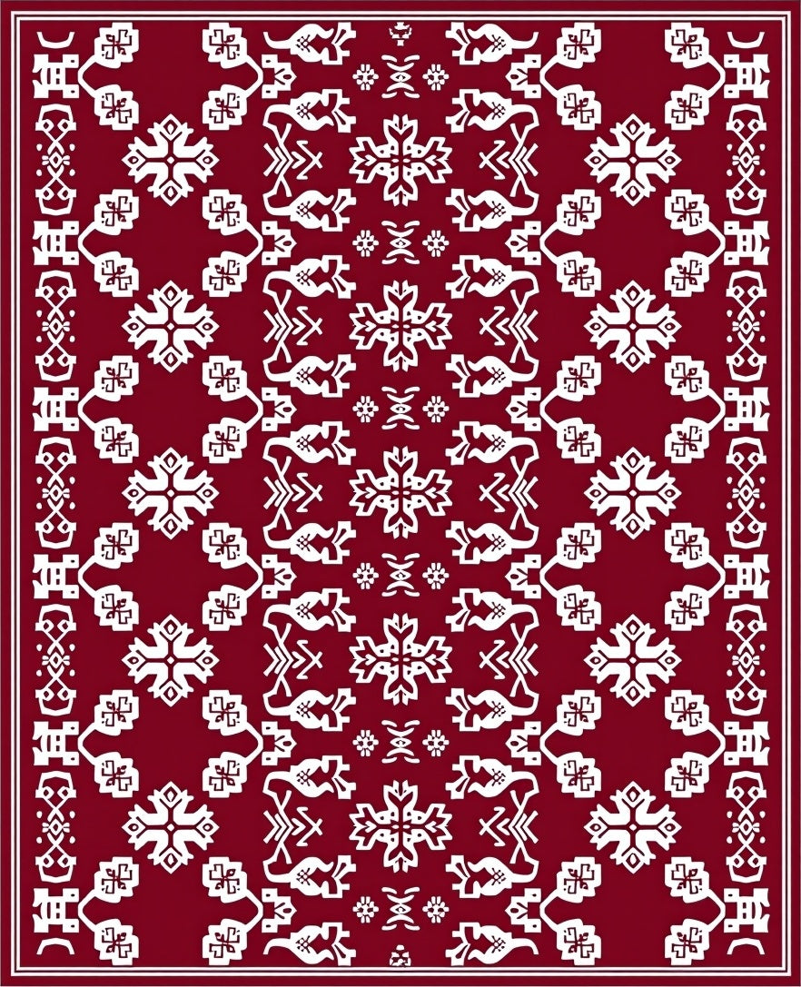 Deep Red White Folkloric Blossom Rug