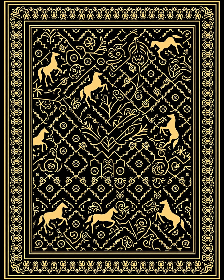 Golden Horses Regal Black Tapestry Rug