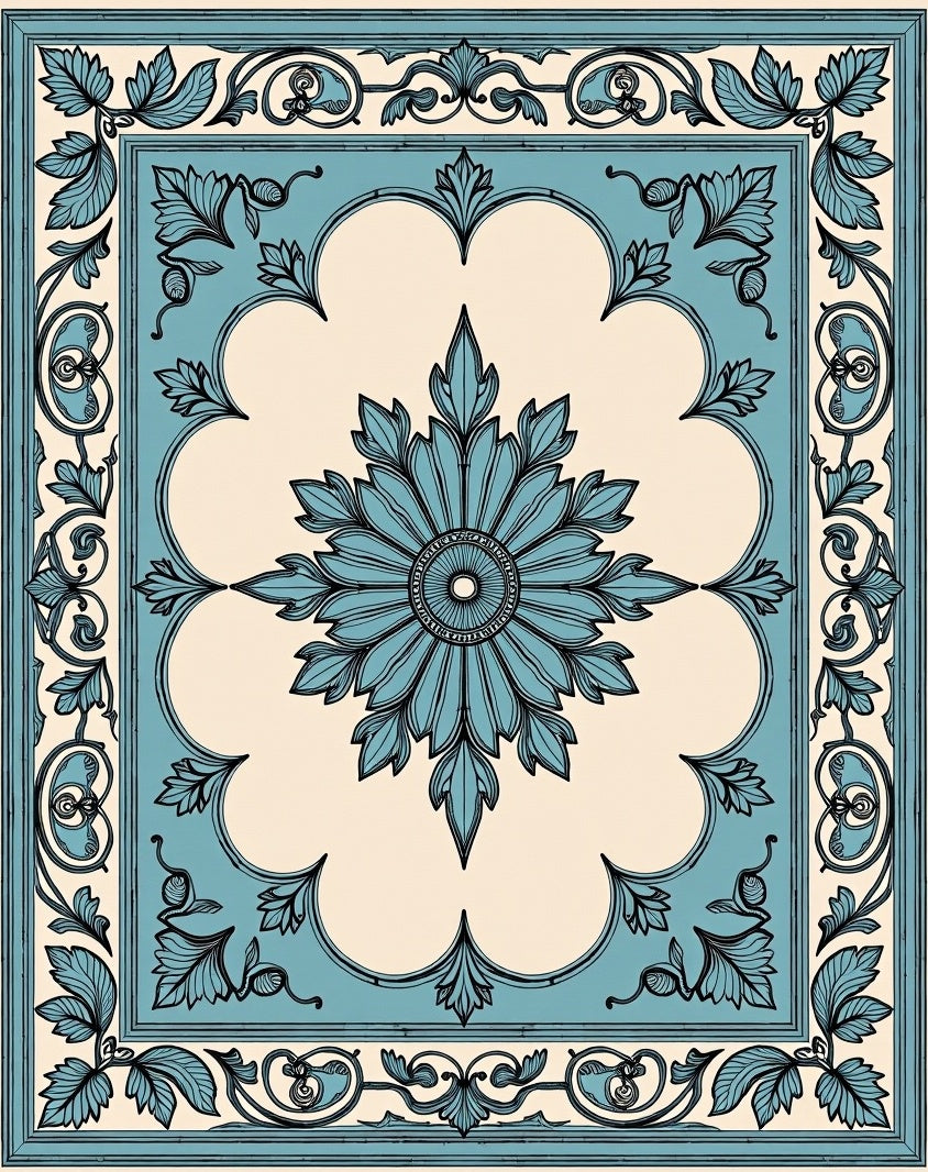 Ornate Teal Floral Arabesque Rug