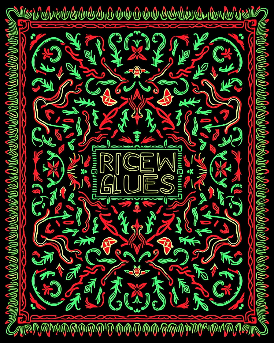 Bold Red Green Abstract Botanical Outline Rug