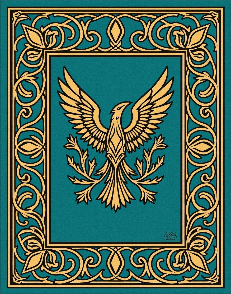 Ornate Teal Golden Phoenix Frame Rug