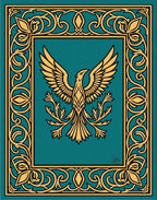 Ornate Teal Golden Phoenix Frame Rug