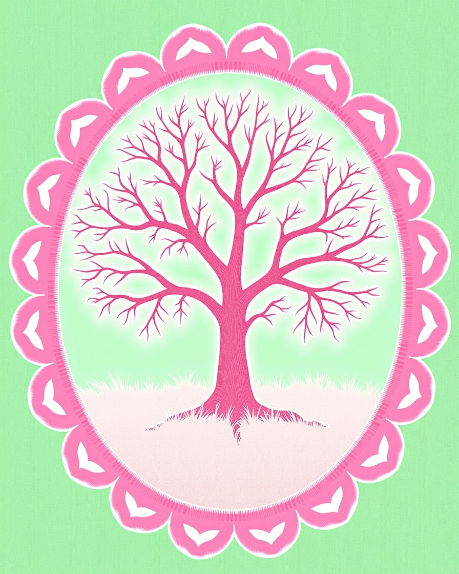 Pink Bare Tree Scalloped Frame Rug