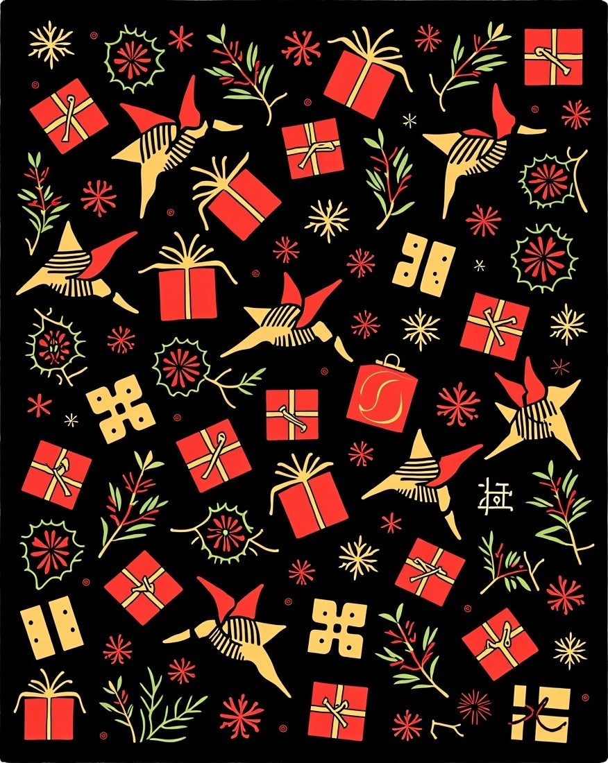 Red Gold Festive Gift Collage Rug