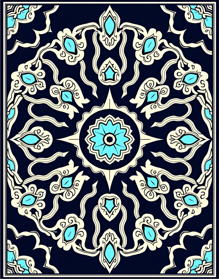 Deep Navy Blue Teal Floral Medallion Rug