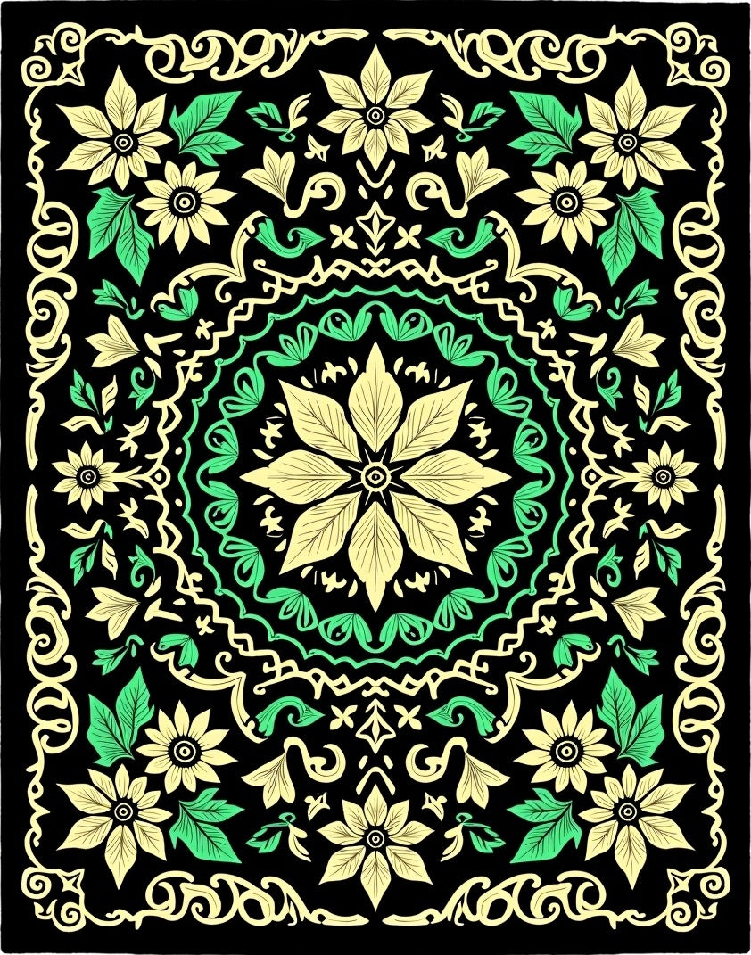 Bright Yellow Green Floral Mandala Black Rug