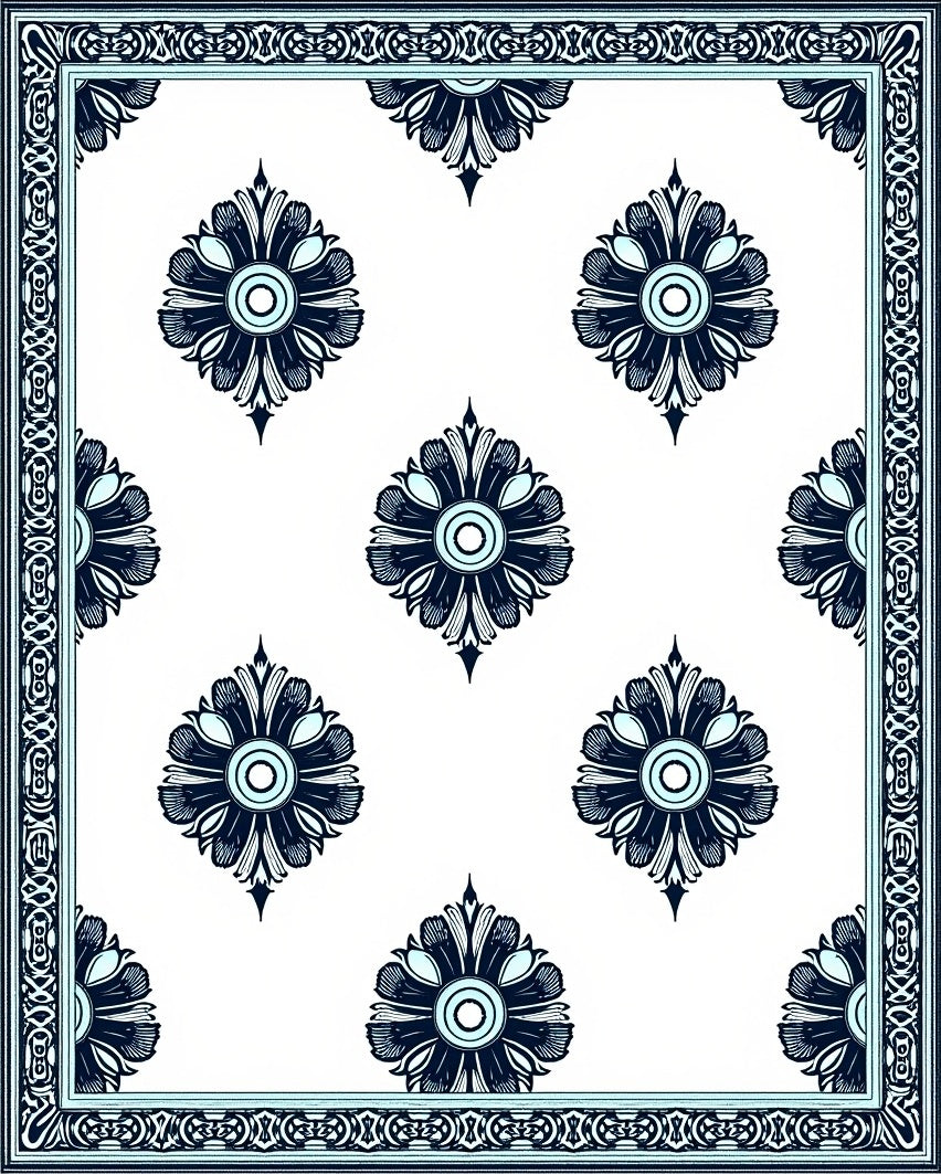 Deep Blue Floral Frame Medallion Rug