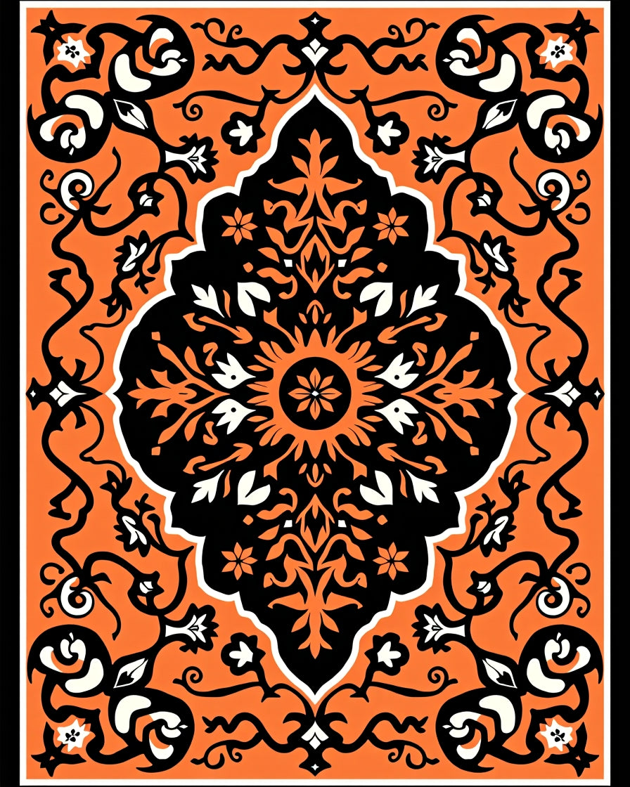 Vibrant Orange Black Floral Medallion Rug