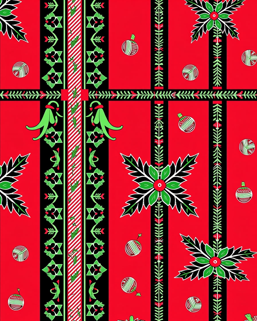 Red Black Green Ornate Festive Ornaments Rug