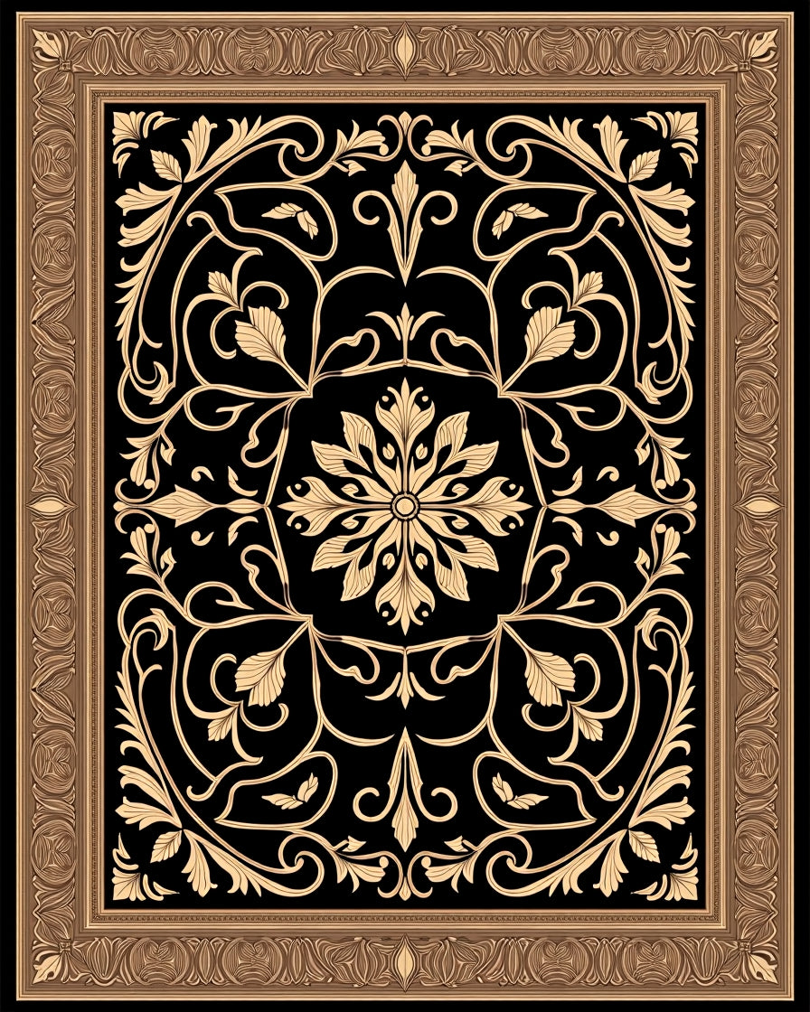 Golden Black Floral Scroll Frame Rug