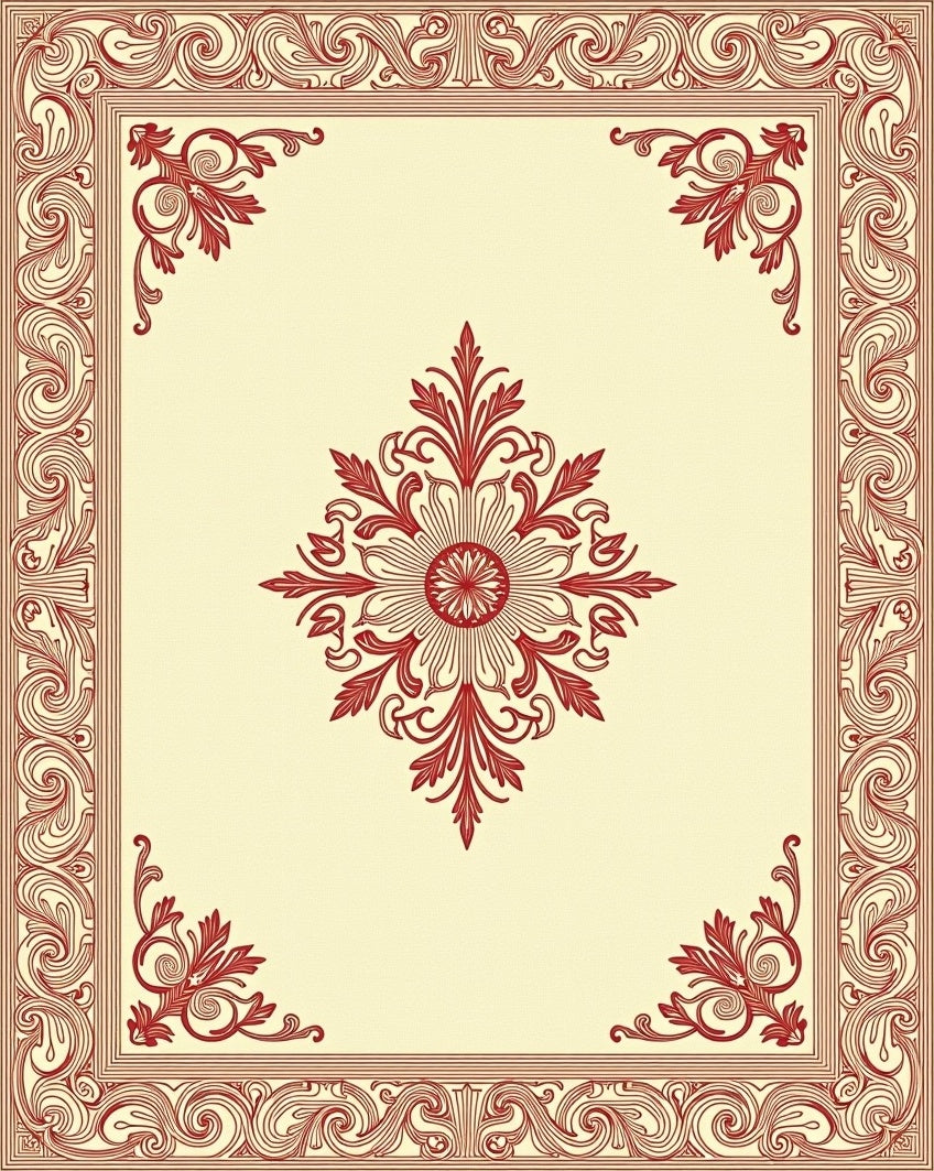 Crimson Floral Border Cream Center Rug
